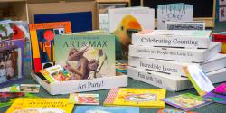 a display of assorted books on a table