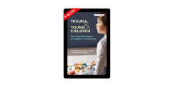 e-book cover of Trauma and Young Children featuring a young boy and blocks