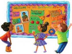 Illustration of three children looking at a Welcome bulletin board.
