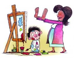 Cartoon illustration of teacher admiring child's painting.
