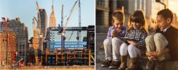 Children outside learning about city buildings