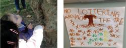 Group of children in park and painting of a tree