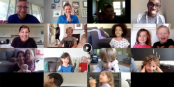 A screenshot of a virtual learning session with young children