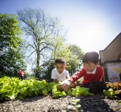 Children learning together in an outdoor classroom.