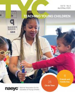 Cover of TYC print issue featuring a teacher and two preschoolers in the classroom